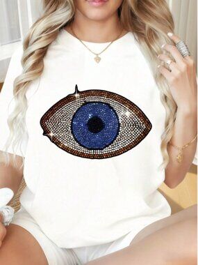 Evil Eye Rhinestone Print Graphic Tee – Luxe Statement Top in White